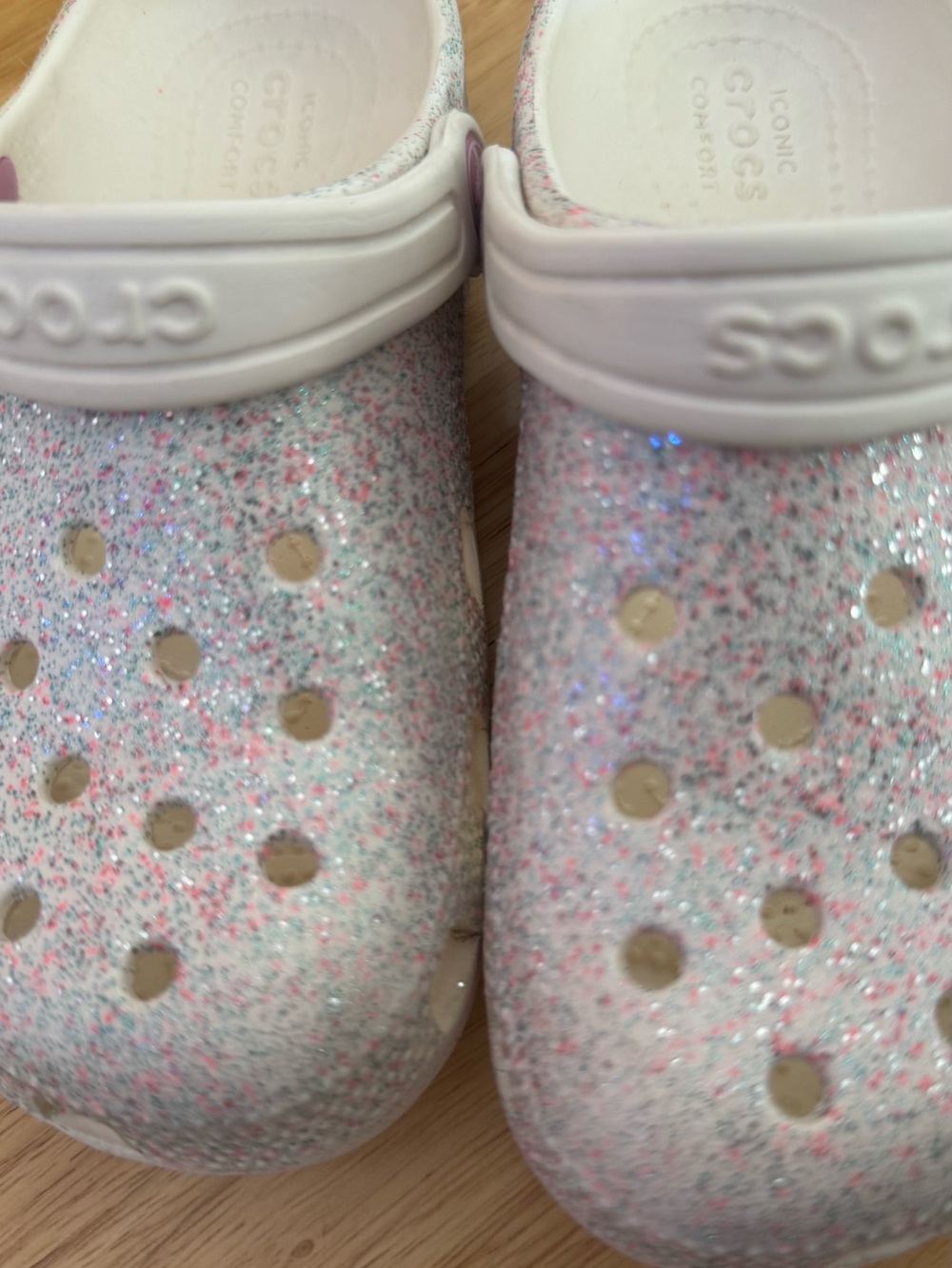 CROCS Kids Glitter Clogs in White with Pink & Silver Sparkle